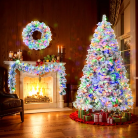 6FT Snow Flocked Christmas Tree  Pre Lit Set With Tree   Garland  Wreath,Artificial Hinged Xmas Tree With Colorful LED Lights8 Lighting Modes, Pine Co