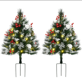 HOMCOM 2.5 Ft 30 2 Pack Outdoor Entryway Pre-Lit Artificial Christmas Tree Cordless With 70 Branches, Warm White LED Lights, Red Berries, Pine Cones,