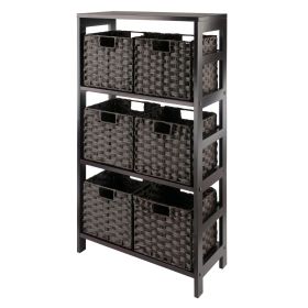 Leo 7-Pc Storage Shelf with 6 Foldable Woven Baskets; Espresso and Chocolate