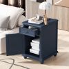 U-Can End Table with Solid Wood Legs, Side Table with USB Ports, 1 Storage Cabinet and 1 Drawer for Living Room, Antique Navy