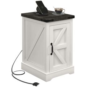 HOMCOM End Table with Charging Station and USB Ports, Farmhouse Side Table with Storage Cabinet for Living Room, Distressed White