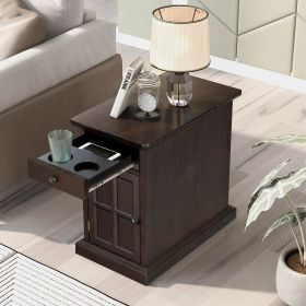 U-Can Classic Vintage Livingroom End Table Side Table with USB Ports and One Multifunctional Drawer with cup holders