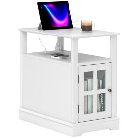 HOMCOM End Table with Charging Station, Narrow Side Table with USB Ports and Outlets, Small Table with Hidden Storage and Open Shelf for Living Room