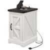 HOMCOM End Table with Charging Station and USB Ports, Farmhouse Side Table with Storage Cabinet for Living Room, Distressed White