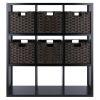 Timothy 7-Pc 3x3 Storage Shelf with 6 Foldable Woven Baskets; Black and Chocolate