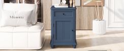U-Can End Table with Solid Wood Legs, Side Table with USB Ports, 1 Storage Cabinet and 1 Drawer for Living Room, Antique Navy