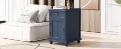U-Can End Table with Solid Wood Legs, Side Table with USB Ports, 1 Storage Cabinet and 1 Drawer for Living Room, Antique Navy