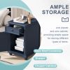U-Can End Table with Solid Wood Legs, Side Table with USB Ports, 1 Storage Cabinet and 1 Drawer for Living Room, Antique Navy