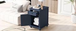 U-Can End Table with Solid Wood Legs, Side Table with USB Ports, 1 Storage Cabinet and 1 Drawer for Living Room, Antique Navy