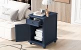 U-Can End Table with Solid Wood Legs, Side Table with USB Ports, 1 Storage Cabinet and 1 Drawer for Living Room, Antique Navy