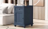 U-Can End Table with Solid Wood Legs, Side Table with USB Ports, 1 Storage Cabinet and 1 Drawer for Living Room, Antique Navy