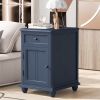 U-Can End Table with Solid Wood Legs, Side Table with USB Ports, 1 Storage Cabinet and 1 Drawer for Living Room, Antique Navy