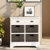 Rustic Acacia Wood Storage Cabinet with Two Drawers and Four Classic Rattan Baskets for Dining Room, Entryway, or Living Room