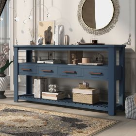 62.2'' Modern Console Table Sofa Table for Living Room with 4 Drawers and 2 Shelves (Material: Solid Wood+MDF, Color: Navy Blue)
