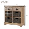 Rustic Acacia Wood Storage Cabinet with Two Drawers and Four Classic Rattan Baskets for Dining Room, Entryway, or Living Room