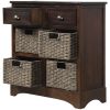 Rustic Acacia Wood Storage Cabinet with Two Drawers and Four Classic Rattan Baskets for Dining Room, Entryway, or Living Room